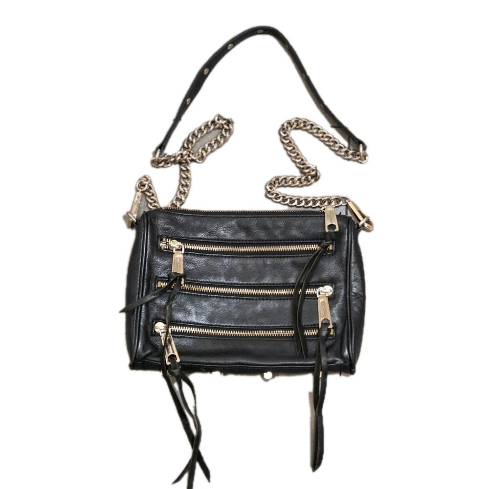 REBECCA MINKOFF Mini 5 Zip Black Leather Crossbody Bag Gold Chain Strap Hardware - Picture 12 of 12